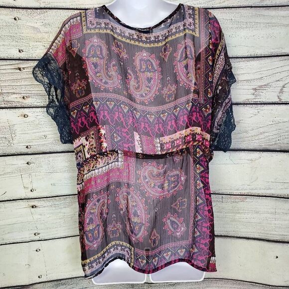 Oneworld Women’s Boho Patchwork Lace Top XL Sheer Short Sleeve Tunic - Picture 4 of 7